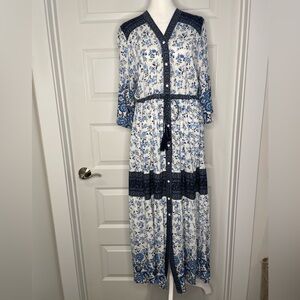 Bohemian Blue and White Floral Maxi Dress Size 16-18